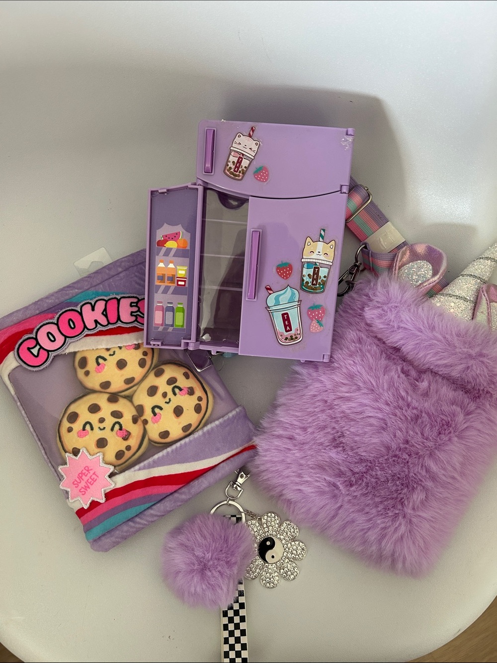 Fridge w/ Lip Balms, Unicorn Crossbody Bag, Plush Cookie Jornal + Bag Charm 💜🦄